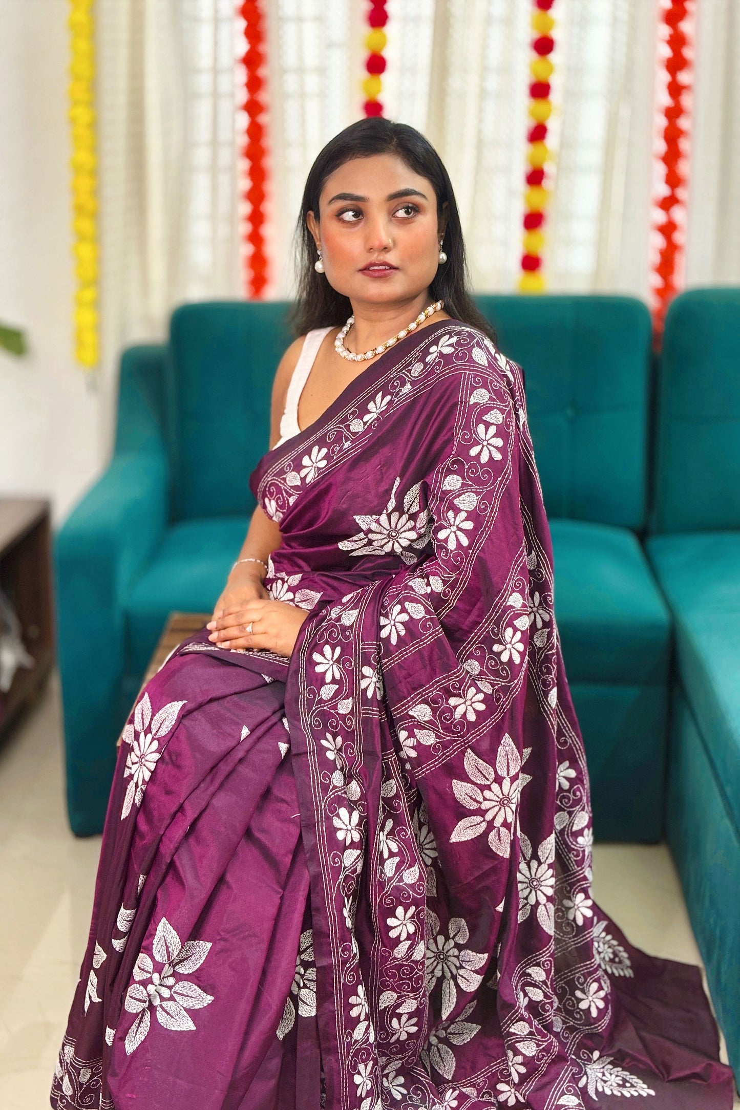 Gulbahar- Purple(Jamun) Silk Kantha Stitch Saree