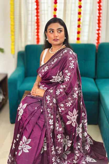 Gulbahar- Purple(Jamun) Silk Kantha Stitch Saree