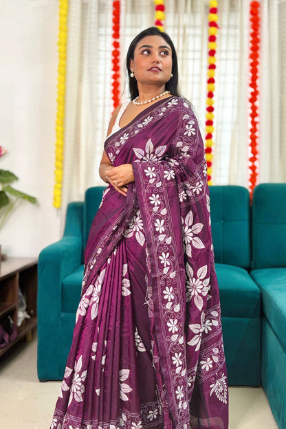 Gulbahar- Purple(Jamun) Silk Kantha Stitch Saree