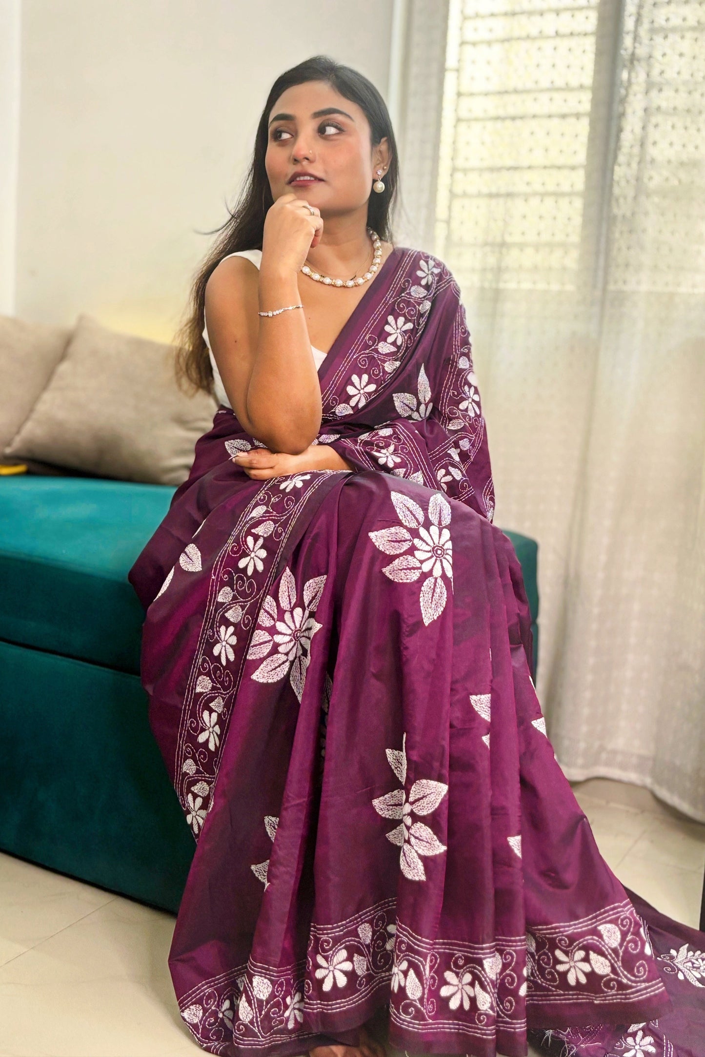 Gulbahar- Purple(Jamun) Silk Kantha Stitch Saree