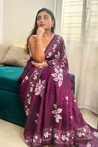 Gulbahar- Purple(Jamun) Silk Kantha Stitch Saree