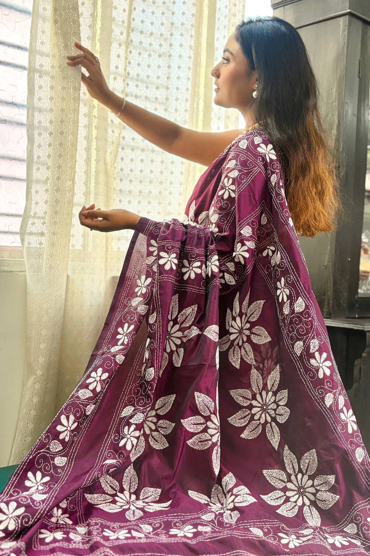 Gulbahar- Purple(Jamun) Silk Kantha Stitch Saree