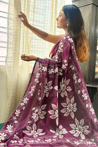Gulbahar- Purple(Jamun) Silk Kantha Stitch Saree