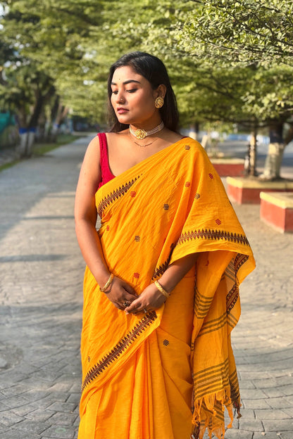 Saffron- Yellow Cotton Dhaniakhali Saree with Black Woven Border