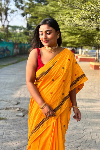 Saffron- Yellow Cotton Dhaniakhali Saree with Black Woven Border