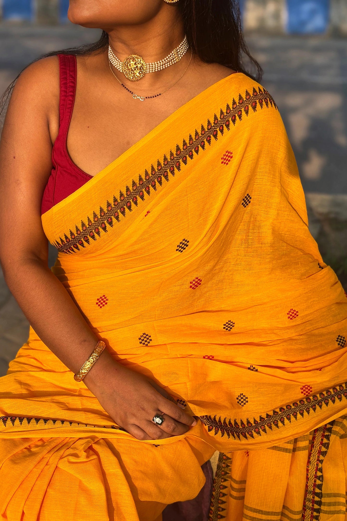 Saffron- Yellow Cotton Dhaniakhali Saree with Black Woven Border