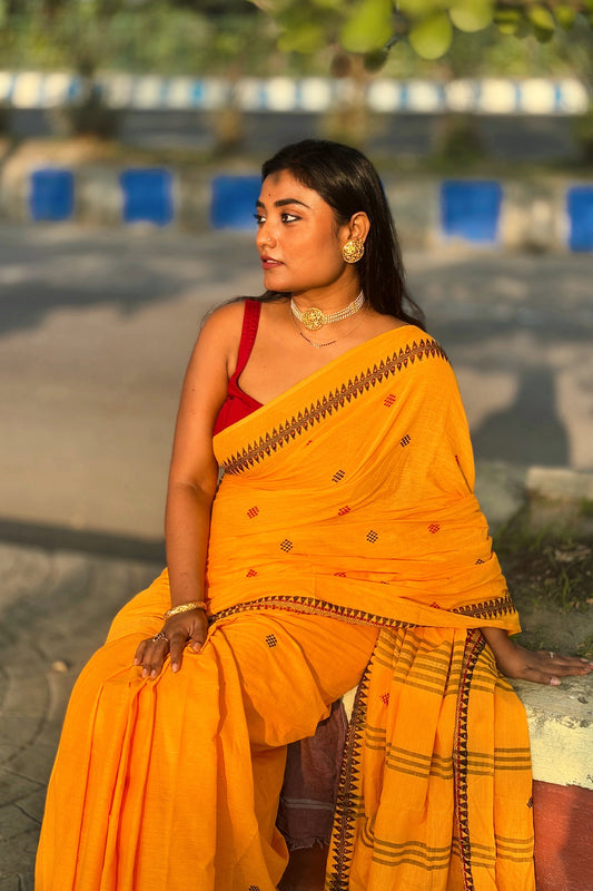 Saffron- Yellow Cotton Dhaniakhali Saree with Black Woven Border