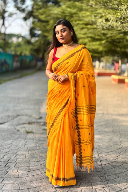 Saffron- Yellow Cotton Dhaniakhali Saree with Black Woven Border