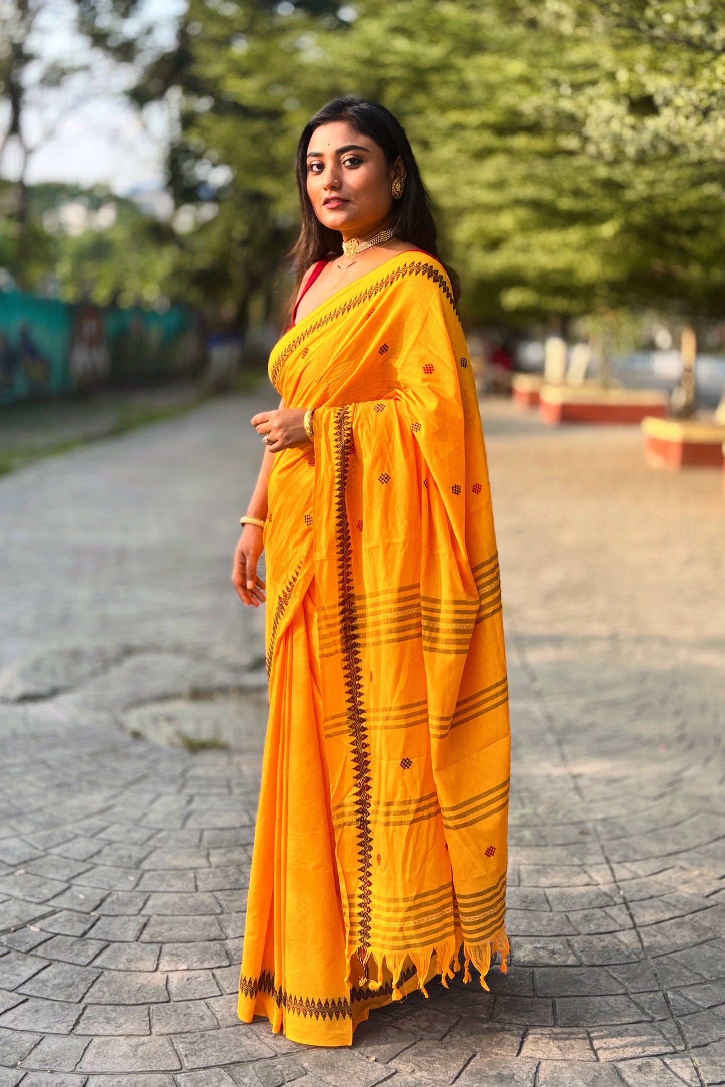 Saffron- Yellow Cotton Dhaniakhali Saree with Black Woven Border