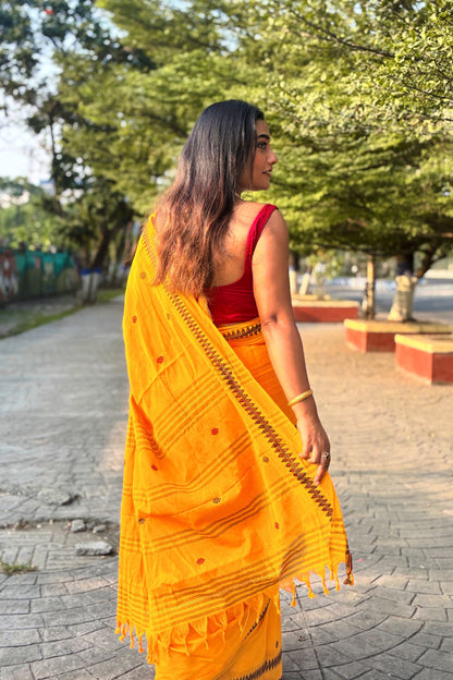 Saffron- Yellow Cotton Dhaniakhali Saree with Black Woven Border