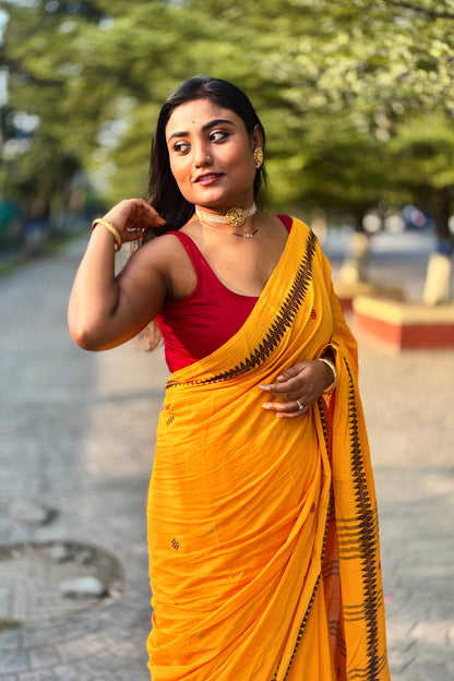 Saffron- Yellow Cotton Dhaniakhali Saree with Black Woven Border