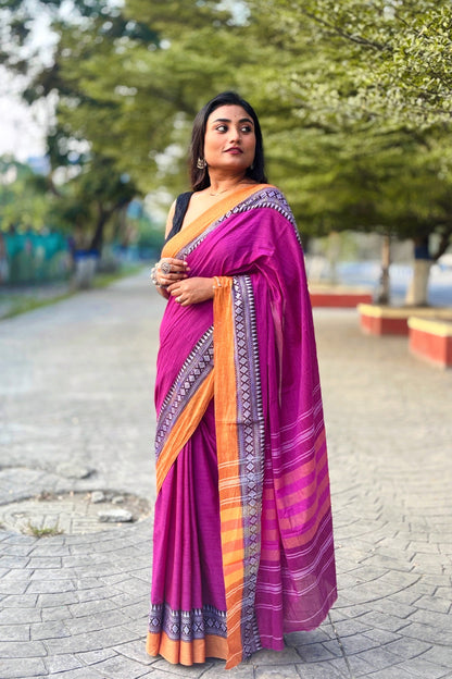 Gul- Purple Cotton Dhaniakhali Saree with Woven Border