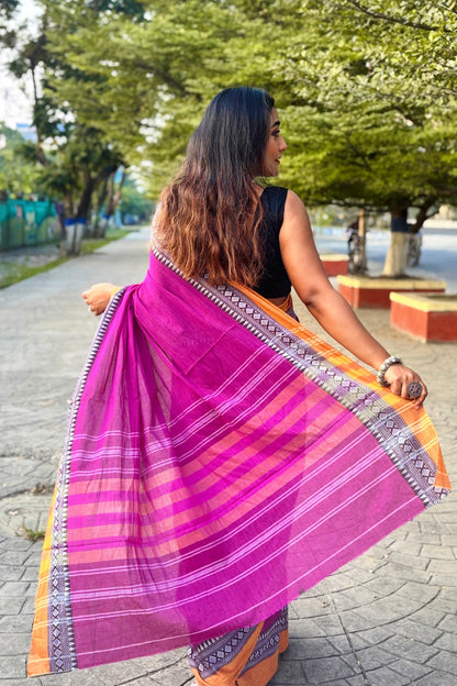 Gul- Purple Cotton Dhaniakhali Saree with Woven Border