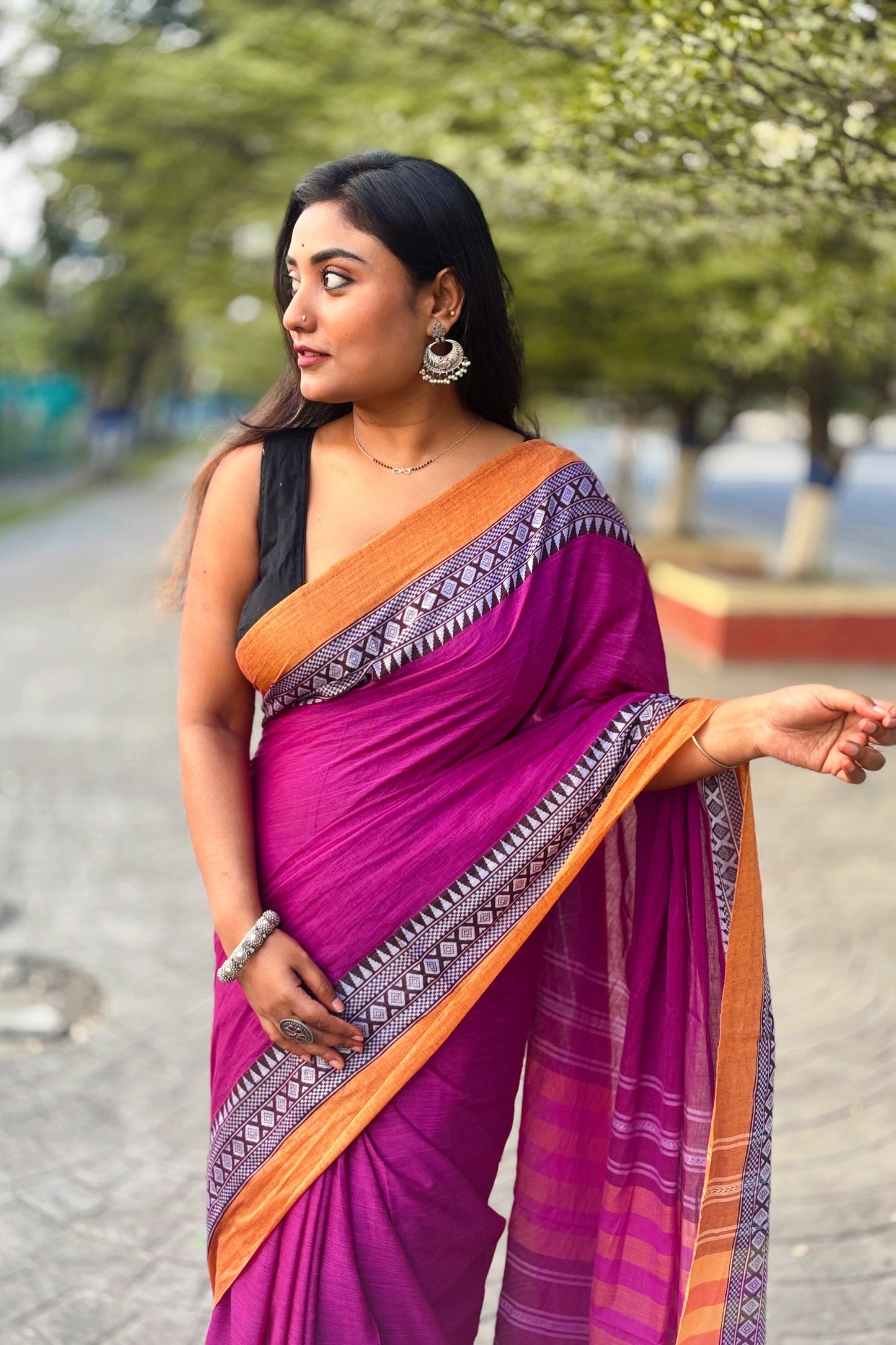 Gul- Purple Cotton Dhaniakhali Saree with Woven Border