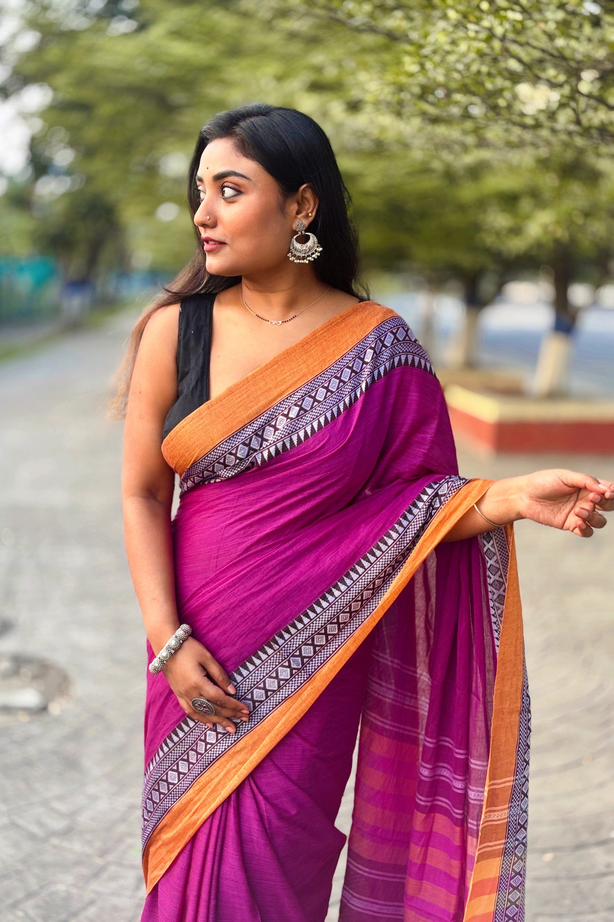 Gul- Purple Cotton Dhaniakhali Saree with Woven Border