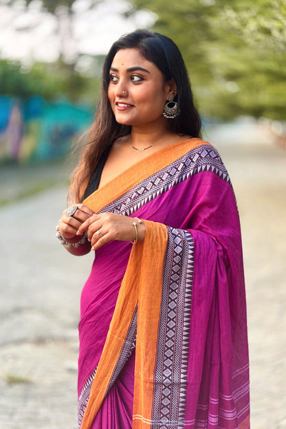 Gul- Purple Cotton Dhaniakhali Saree with Woven Border