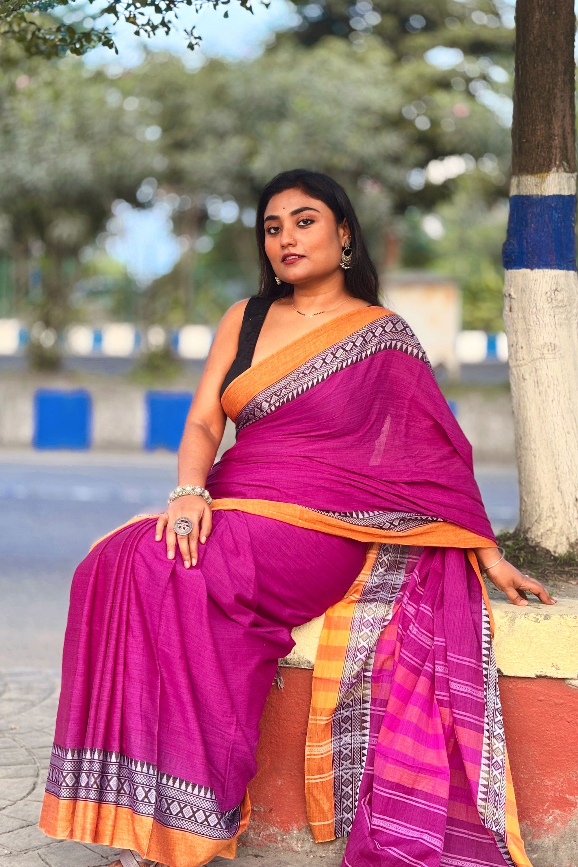 Gul- Purple Cotton Dhaniakhali Saree with Woven Border