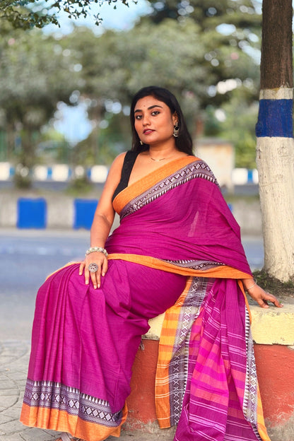 Gul- Purple Cotton Dhaniakhali Saree with Woven Border
