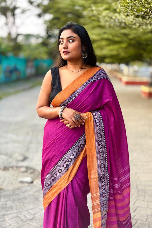 Gul- Purple Cotton Dhaniakhali Saree with Woven Border