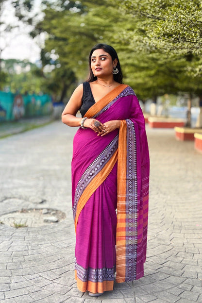 Gul- Purple Cotton Dhaniakhali Saree with Woven Border