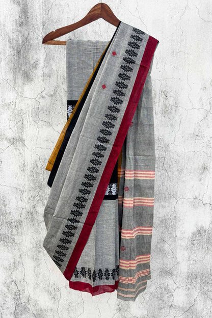 Grey Black Madhyamani Cotton Dhaniakhali Saree with Red Borders