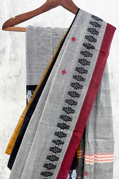 Grey Black Madhyamani Cotton Dhaniakhali Saree with Red Borders