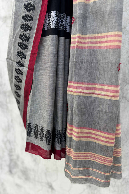 Grey Black Madhyamani Cotton Dhaniakhali Saree with Red Borders