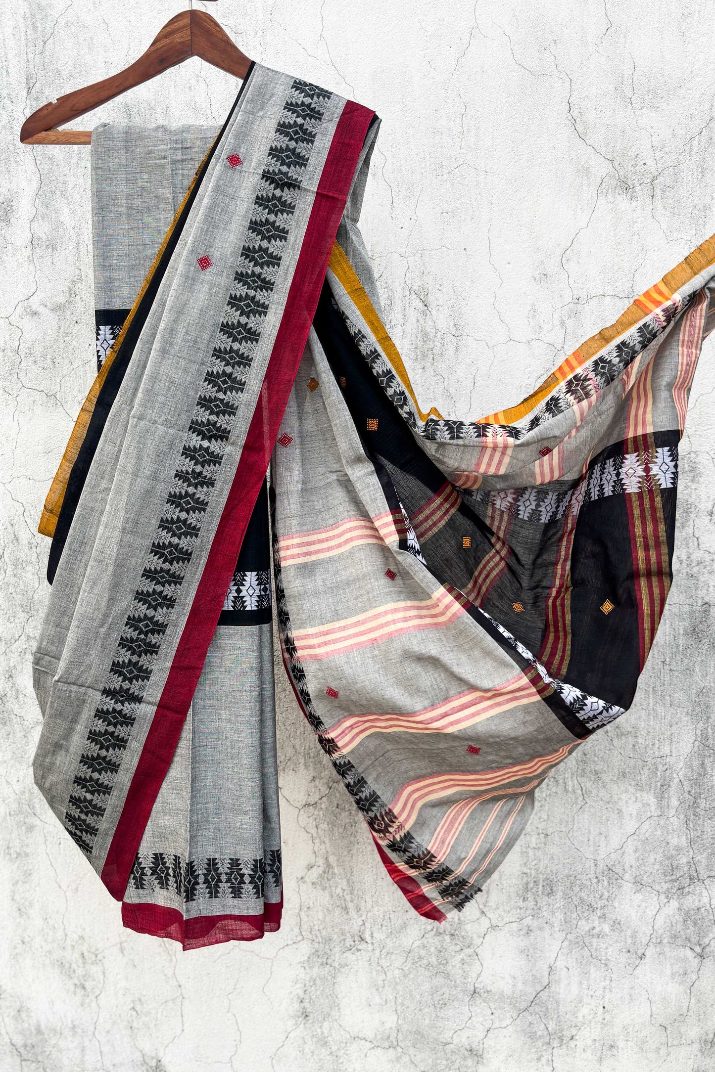 Grey Black Madhyamani Cotton Dhaniakhali Saree with Red Borders