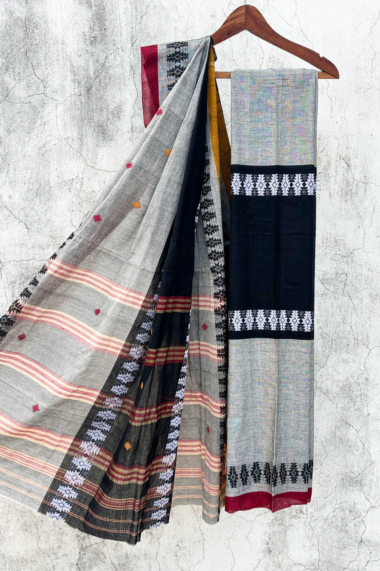 Grey Black Madhyamani Cotton Dhaniakhali Saree with Red Borders