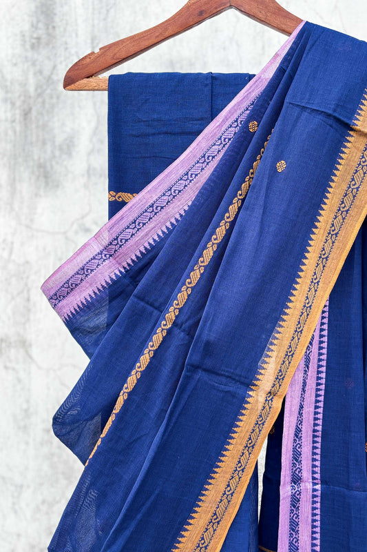 Blue Cotton Dhaniakhali Saree with Ganga Jamuna Borders