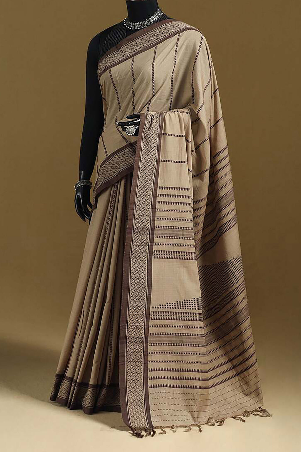 Nude Brown Bengal Cotton Saree with Chocolate Fish Woven Borders