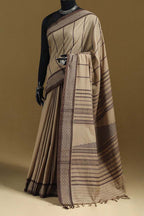 Nude Brown Bengal Cotton Saree with Chocolate Fish Woven Borders