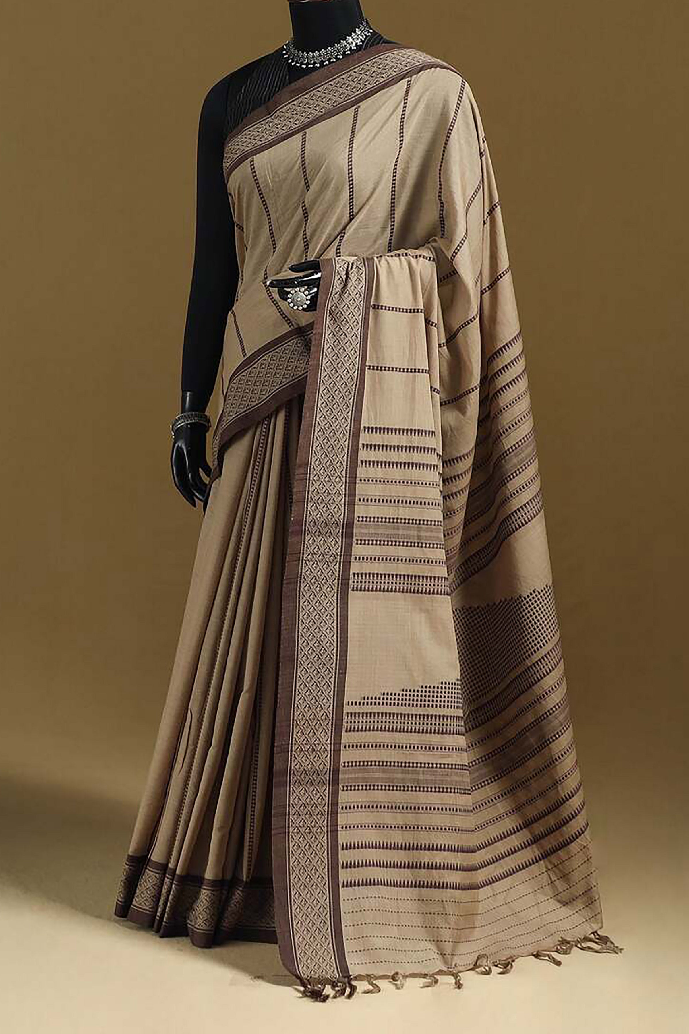 Nude Brown Bengal Cotton Saree with Chocolate Fish Woven Borders