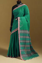 Tute Green Bengal Cotton Saree with Pink Woven Borders