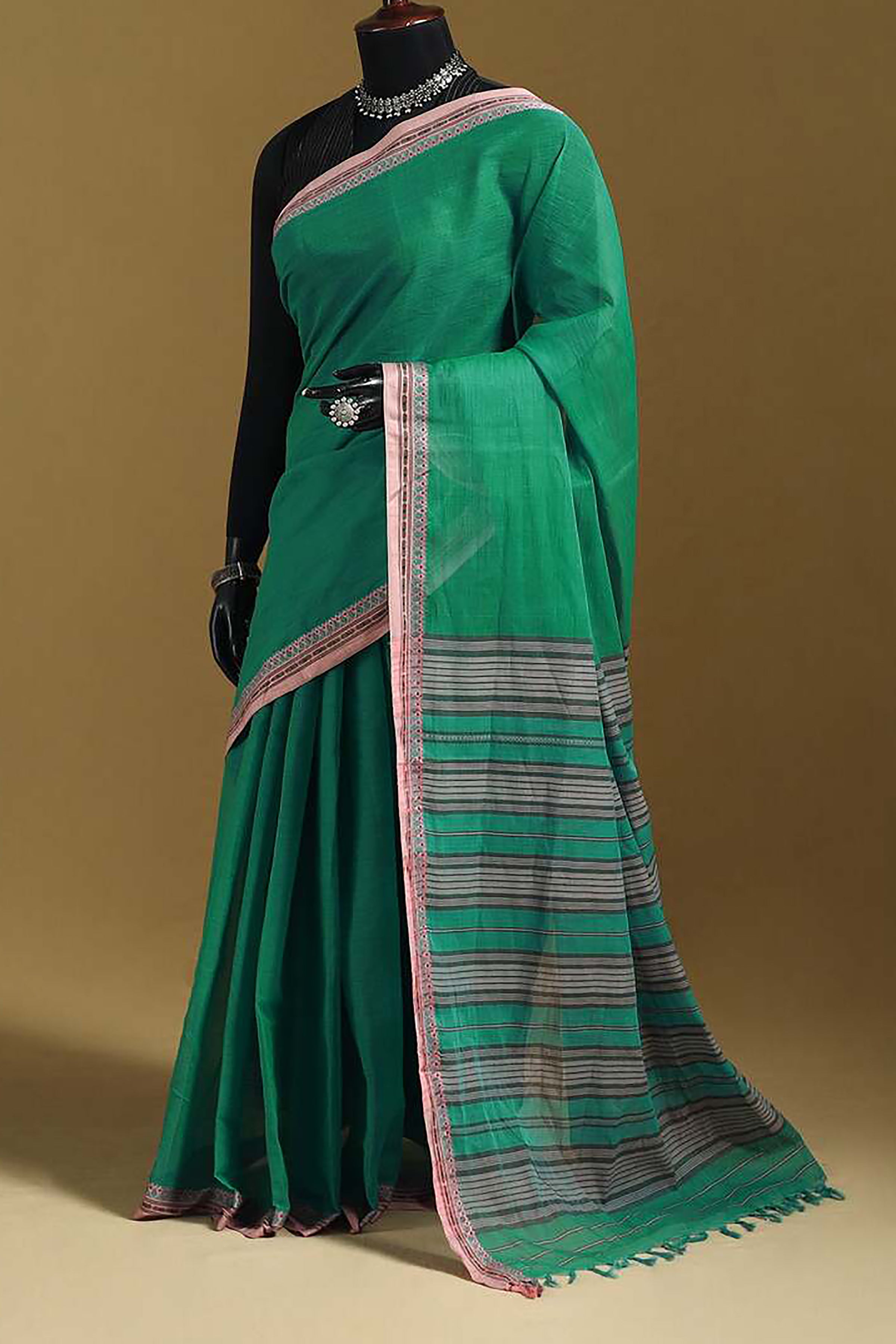 Tute Green Bengal Cotton Saree with Pink Woven Borders
