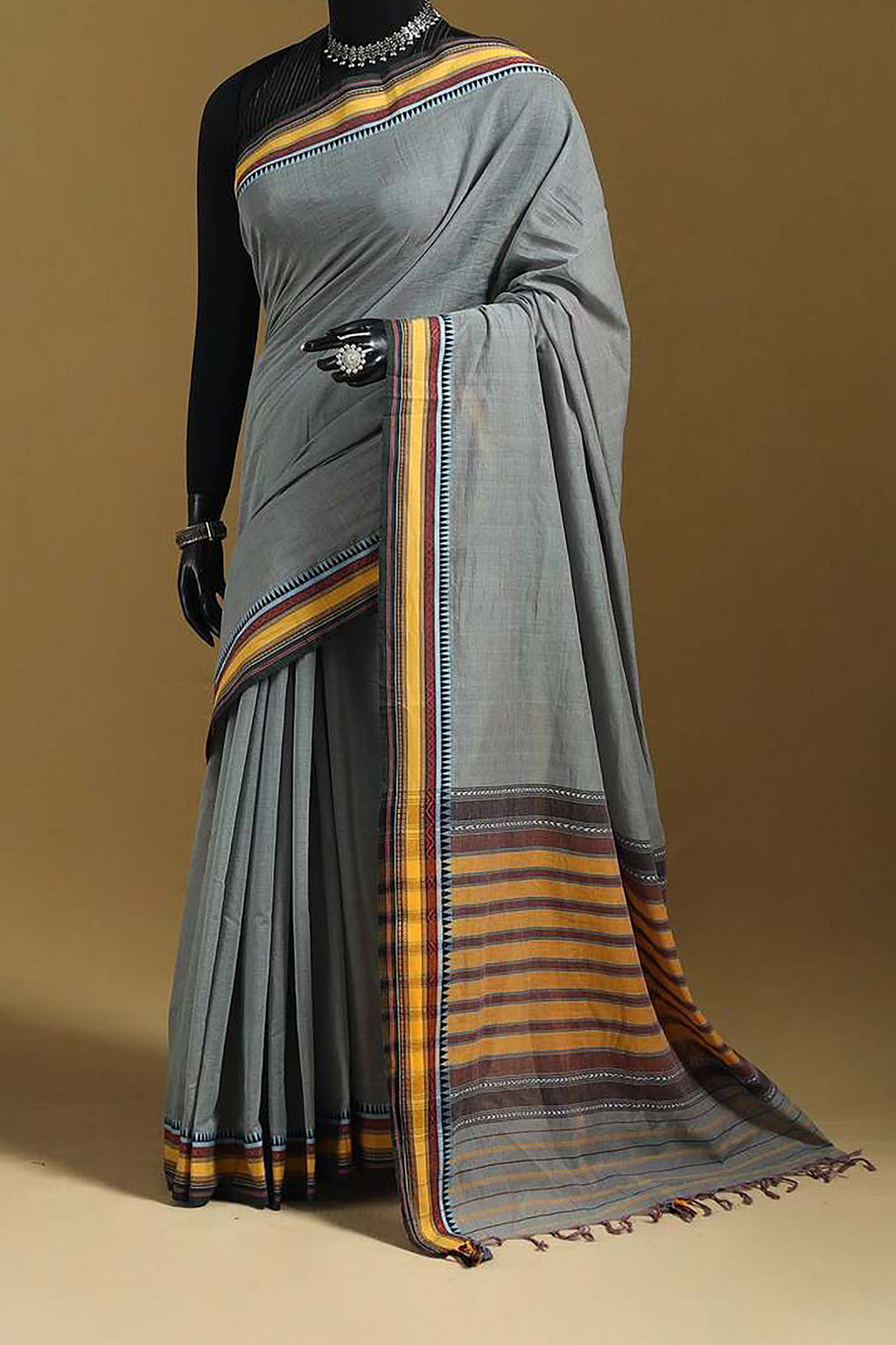 Bluish Grey Bengal Cotton Saree with Yellow Woven Borders