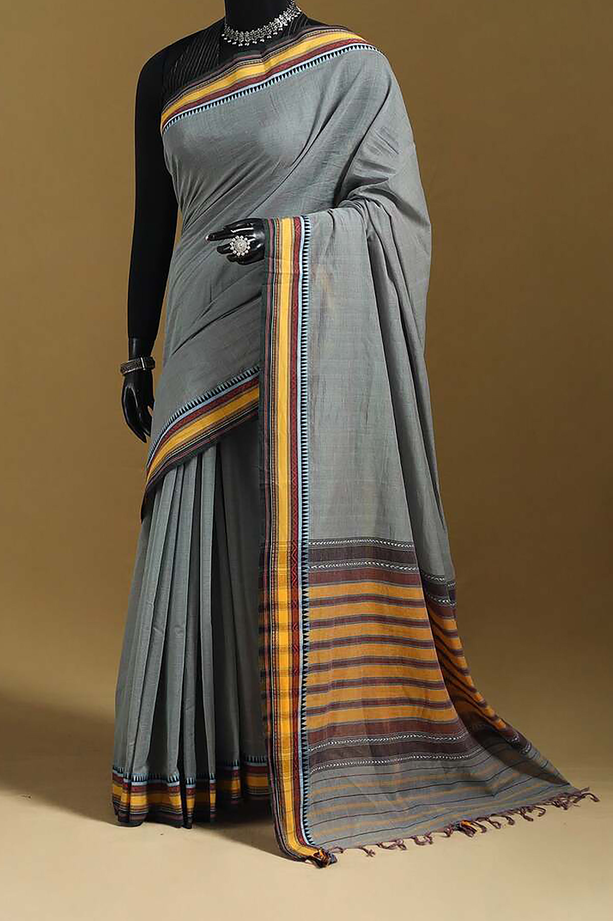 Bluish Grey Bengal Cotton Saree with Yellow Woven Borders