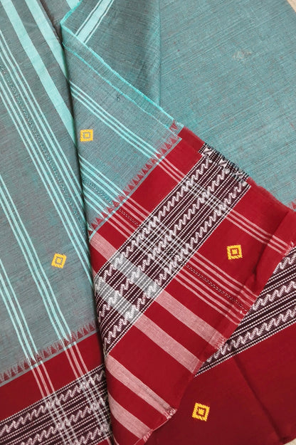Teal Dhaniakhali Cotton Saree with Maroon Border