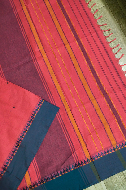 Coral Pink Begampuri Cotton Saree with Woven Borders