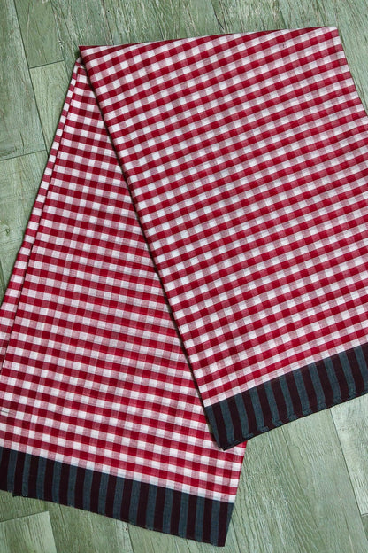 Red White Check Dhaniakhali Cotton Saree with Black Border
