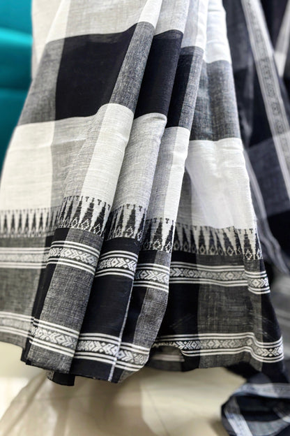 White Black Cotton Big Check Dhaniakhali Saree