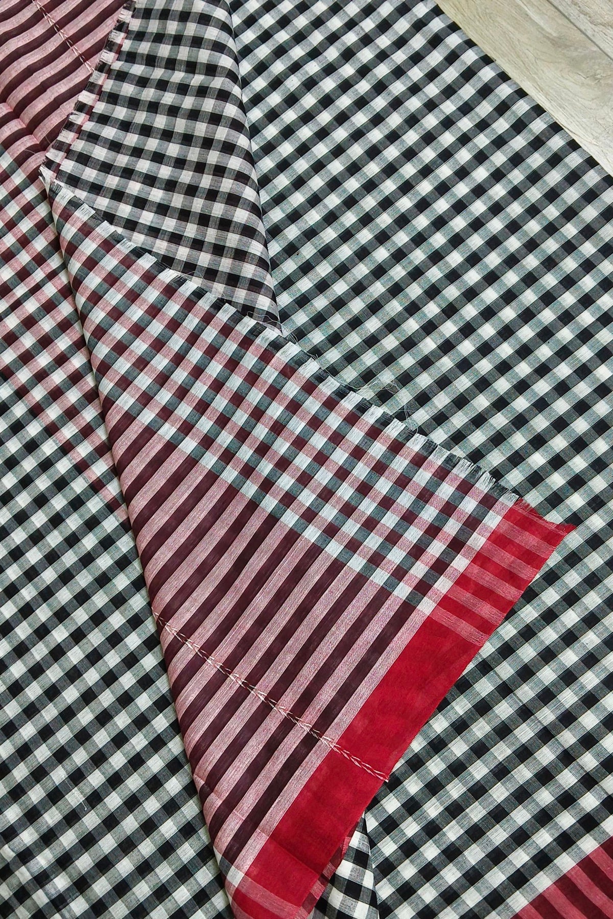 White Black Check Dhaniakhali Cotton Saree with Red Border