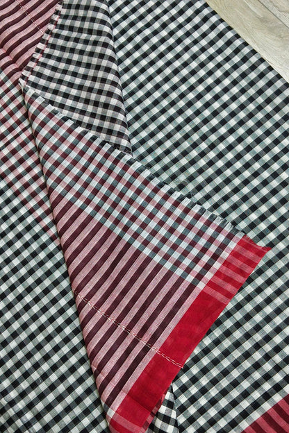 White Black Check Dhaniakhali Cotton Saree with Red Border