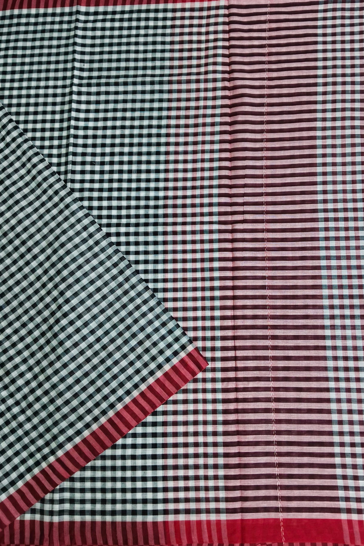 White Black Check Dhaniakhali Cotton Saree with Red Border
