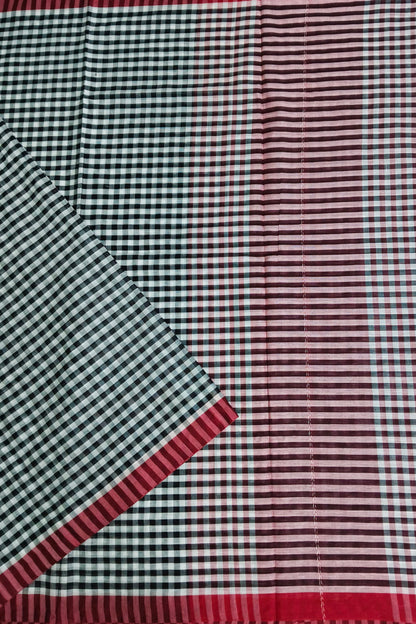 White Black Check Dhaniakhali Cotton Saree with Red Border