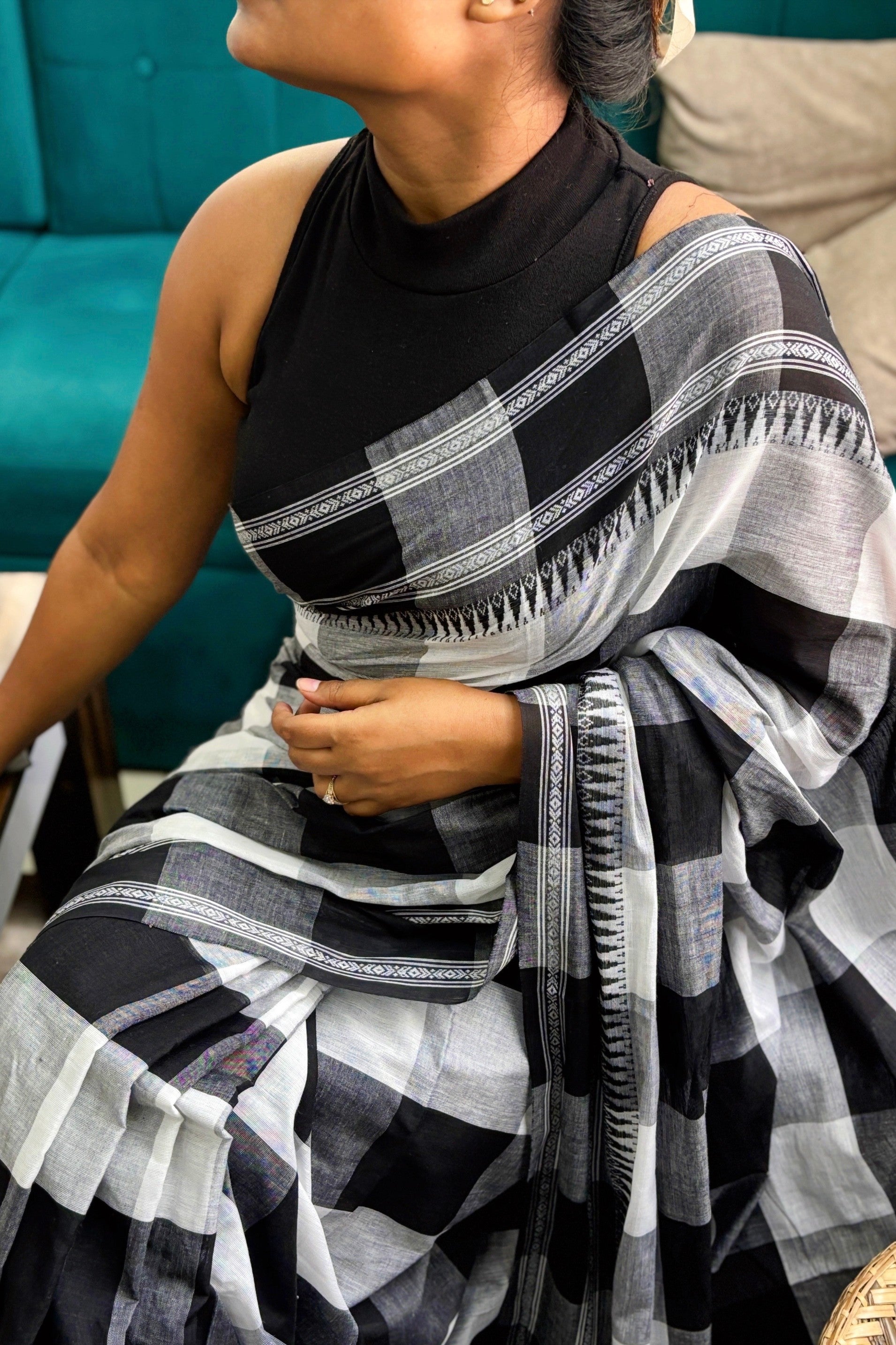 White Black Cotton Big Check Dhaniakhali Saree