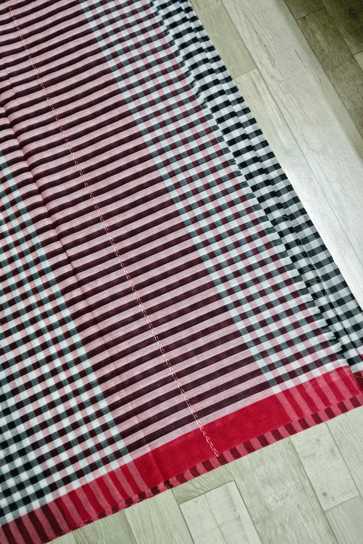 White Black Check Dhaniakhali Cotton Saree with Red Border