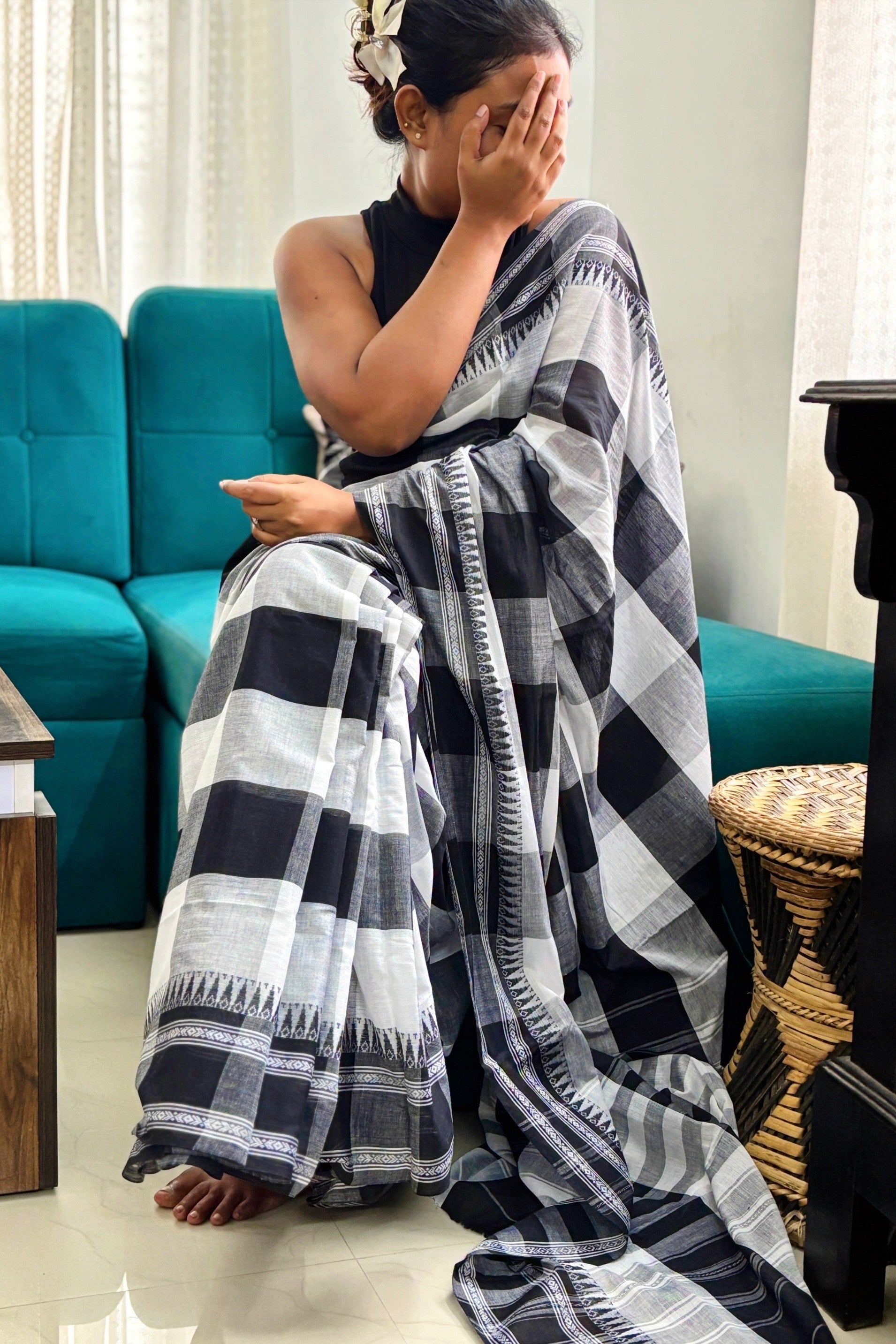 White Black Cotton Big Check Dhaniakhali Saree