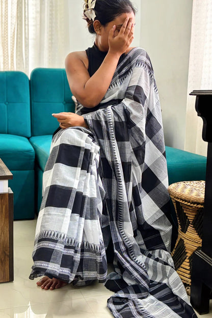 White-Black Big Check Dhaniakhali Cotton Saree