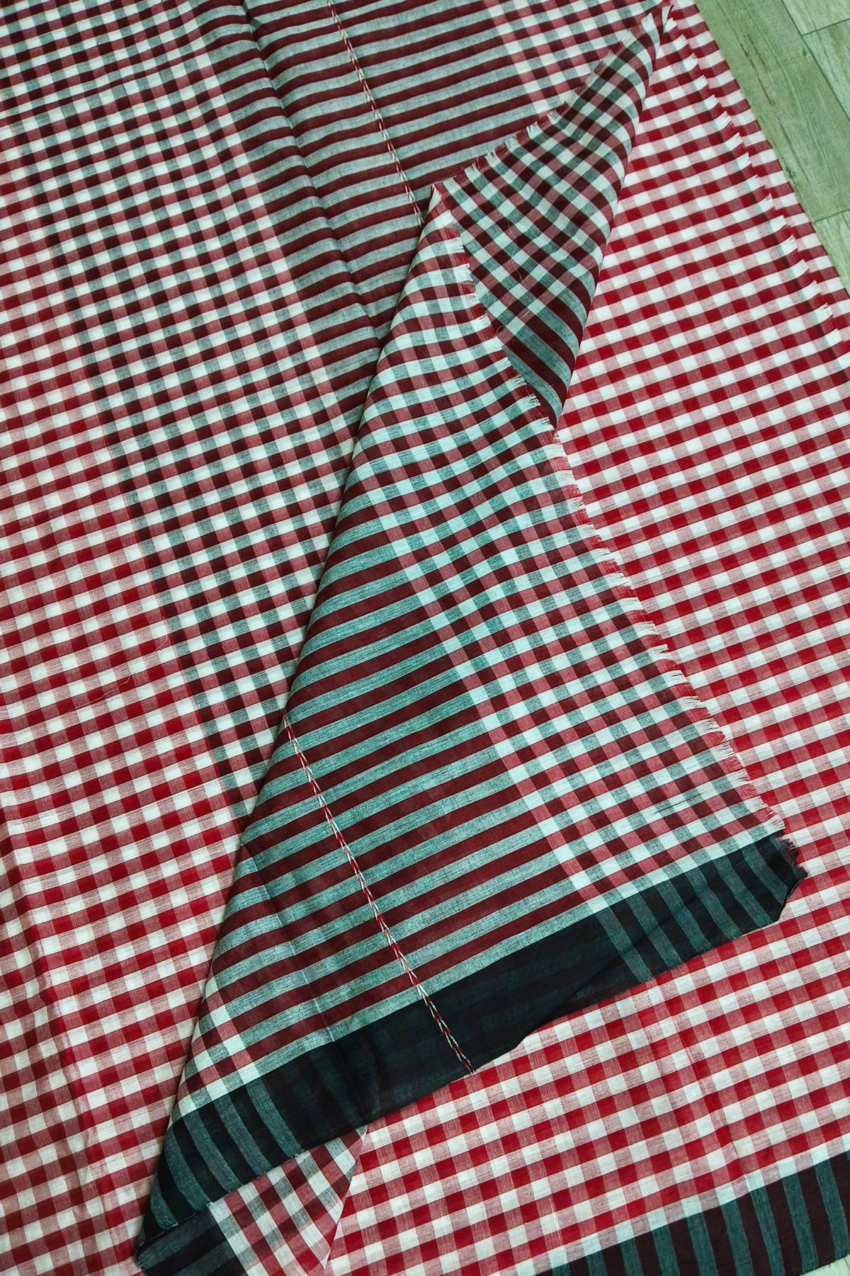 Red White Check Dhaniakhali Cotton Saree with Black Border